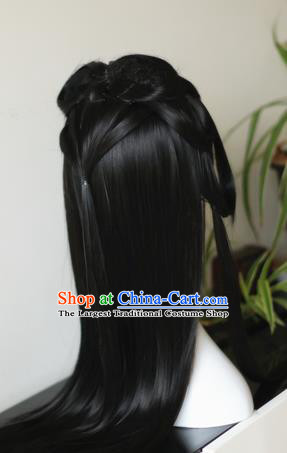 Traditional Chinese Cosplay Princess Black Long Wigs Sheath Ancient Female Swordsman Chignon for Women