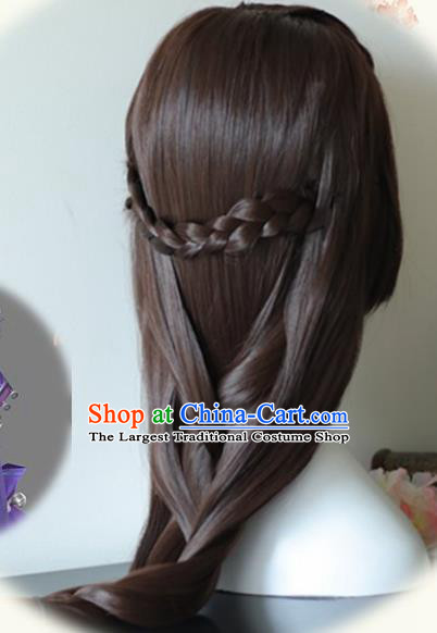 Traditional Chinese Cosplay Princess Brown Wigs Sheath Ancient Female Swordsman Chignon for Women