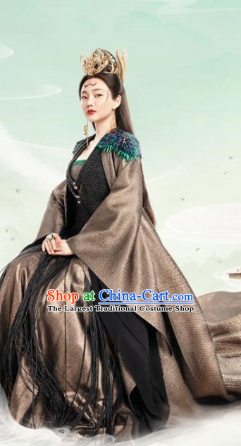 Chinese Ancient Queen Ling Yue Dress Drama Love and Destiny Goddess Liu Qianhan Costumes and Headpiece for Women