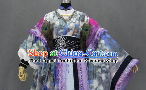 Traditional Chinese Cosplay Goddess Princess Printing Purple Dress Ancient Drama Female Swordsman Costumes for Women