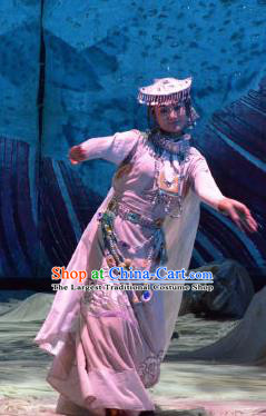 Chinese Happiness On The Way Zang Nationality Bride Dance White Dress Stage Performance Costume and Headpiece for Women