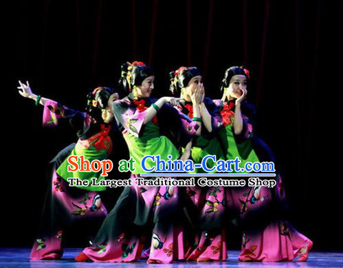 Chinese Female Embroider Folk Dance Fan Dance Dress Stage Performance Costume and Headpiece for Women