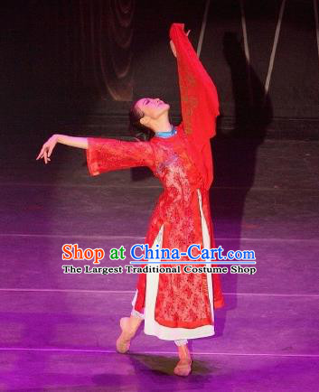 Chinese Female Embroider Folk Dance Fan Dance Red Dress Stage Performance Costume and Headpiece for Women