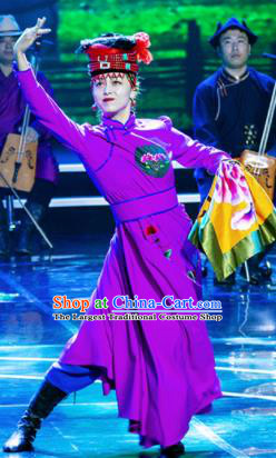 Chinese Prairie Female Embroider Mongol Nationality Dance Purple Dress Stage Performance Costume and Headpiece for Women