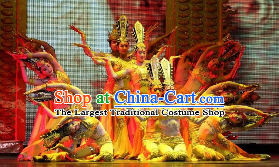 Chinese Night Of West Lake Classical Dance Thousand Hand Kwan Yin Dress Stage Performance Costume and Headpiece for Women