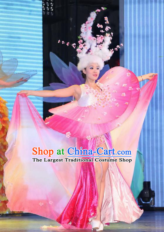 Chinese Night Of West Lake Classical Peach Flower Dance Pink Dress Stage Performance Costume and Headpiece for Women