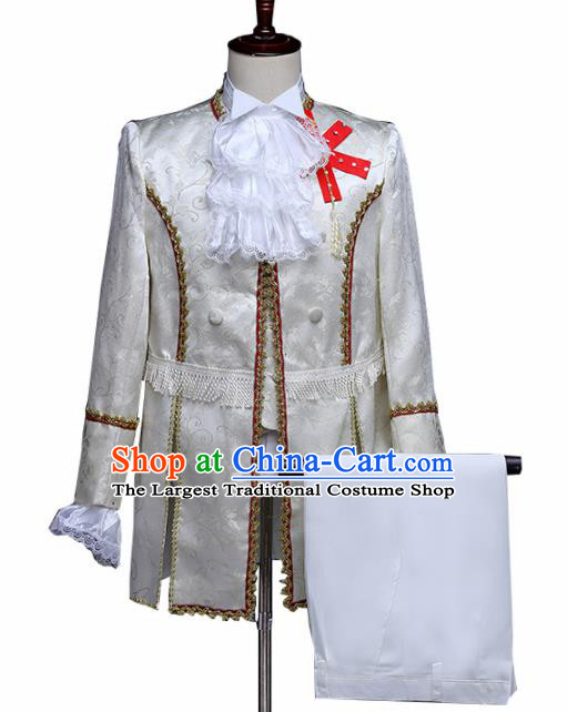 Traditional European Prince White Costumes Spanish Court Stage Show Clothing for Men