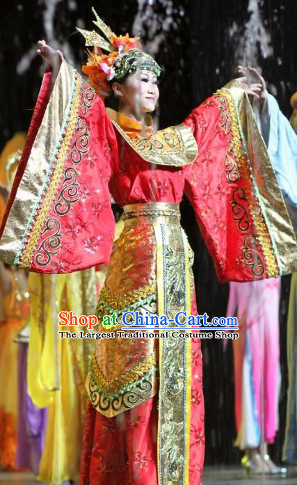 Chinese Impression of Suzhou Classical Dance Queen Red Dress Stage Performance Costume and Headpiece for Women
