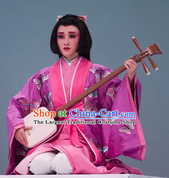 The Legend of Chunqin Shaoxing Opera Japan Geisha Embroidered Butterfly Purple Kimono Dress Stage Performance Costume and Headpiece for Women