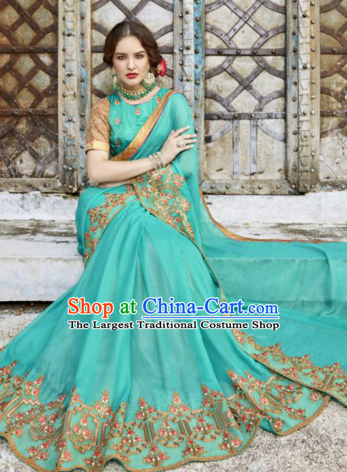 Asian India Traditional Costume Indian Bollywood Embroidered Green Sari Dress for Women