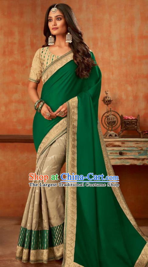 Asian India Traditional Costume Indian Bollywood Embroidered Deep Green Silk Sari Dress for Women