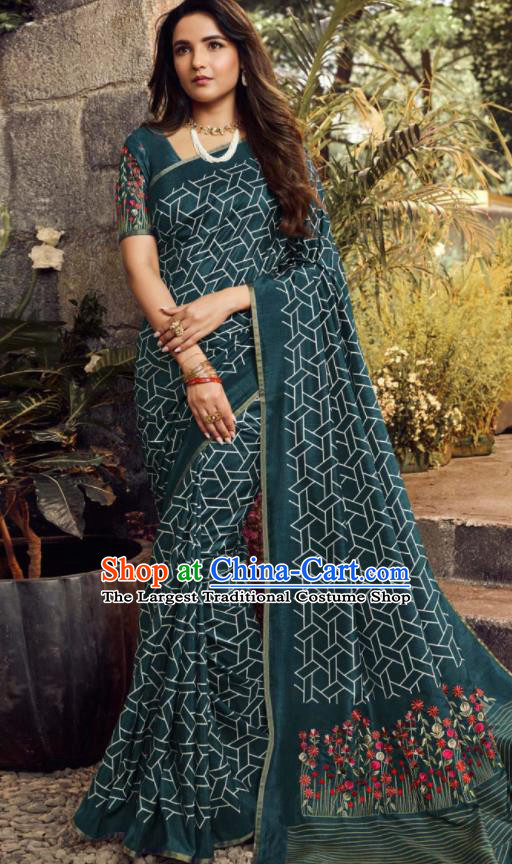 Asian India Traditional Sari Costumes Indian Bollywood Embroidered Peacock Green Silk Dress for Women