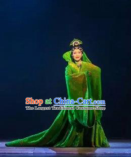 Chinese Zhaojun Chu Sai Ancient Imperial Consort Classical Dance Green Dress Stage Performance Costume and Headpiece for Women