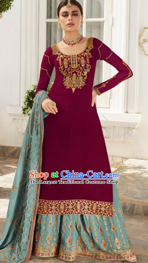 Asian Indian Bride Embroidered Wine Red Blouse and Blue Skirt India Traditional Lehenga Choli Costumes Complete Set for Women