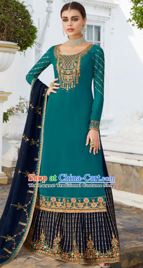 Asian Indian Bride Embroidered Green Blouse and Navy Skirt India Traditional Lehenga Choli Costumes Complete Set for Women