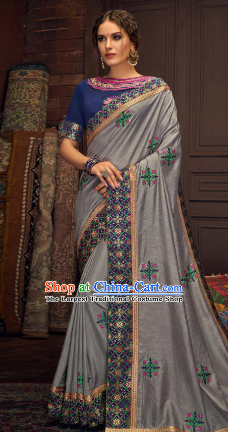 Asian Indian Court Grey Silk Embroidered Sari Dress India Traditional Bollywood Costumes for Women
