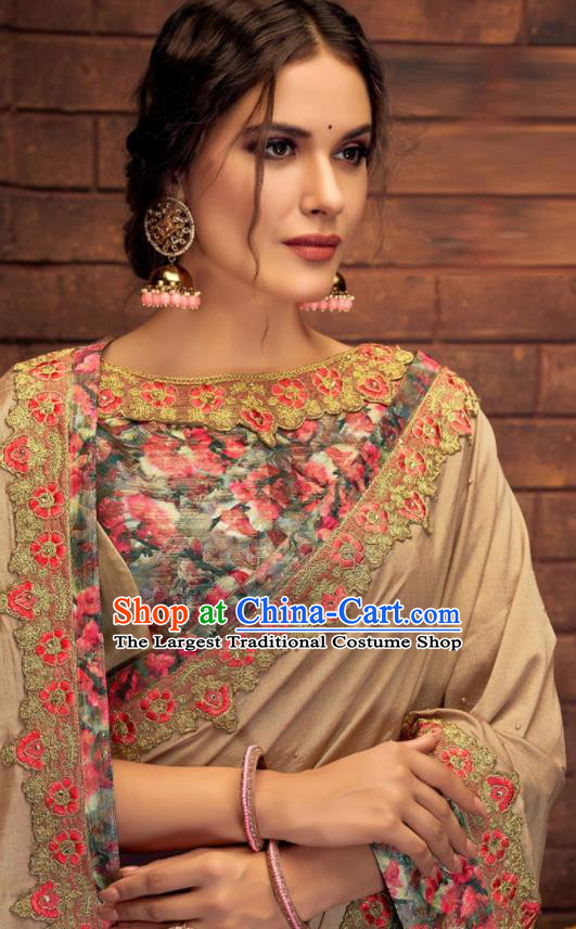 Asian Indian Court Khaki Silk Embroidered Sari Dress India Traditional Bollywood Costumes for Women
