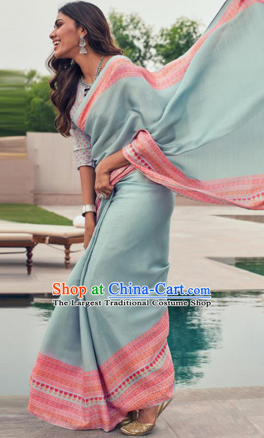 Asian Indian Court Light Blue Tussar Silk Sari Dress India Traditional Bollywood Costumes for Women