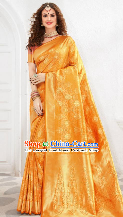 Asian Indian Court Orange Silk Sari Dress India Traditional Bollywood Costumes for Women