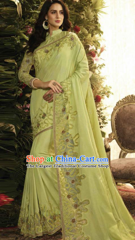 Asian Indian Court Princess Green Embroidered Satin Sari Dress India Traditional Bollywood Costumes for Women