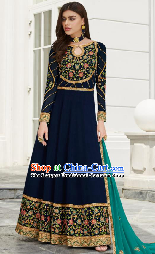Asian Indian Bollywood Embroidered Navy Georgette Dress India Traditional Anarkali Suit Costumes for Women