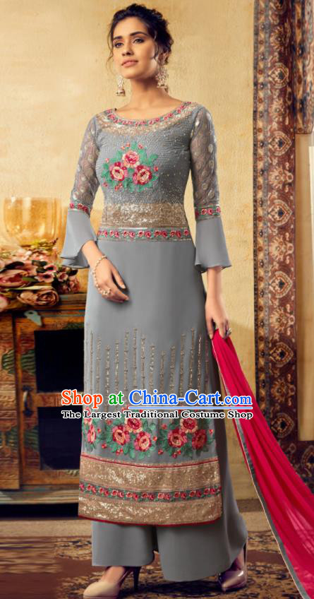 Asian Indian Punjabis Embroidered Grey Skirt and Blouse India Traditional Lehenga Choli Costumes Complete Set for Women