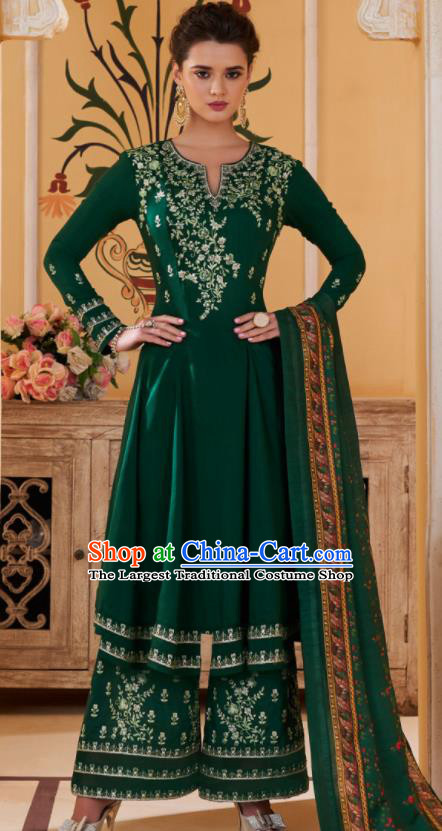 Asian Indian Embroidered Deep Green Muslin Blouse and Pants India Traditional Lehenga Choli Costumes Complete Set for Women
