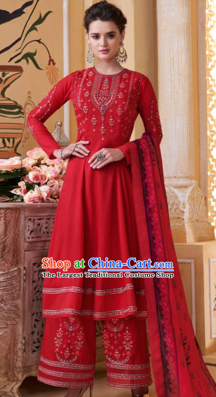 Asian Indian Embroidered Red Muslin Blouse and Pants India Traditional Lehenga Choli Costumes Complete Set for Women
