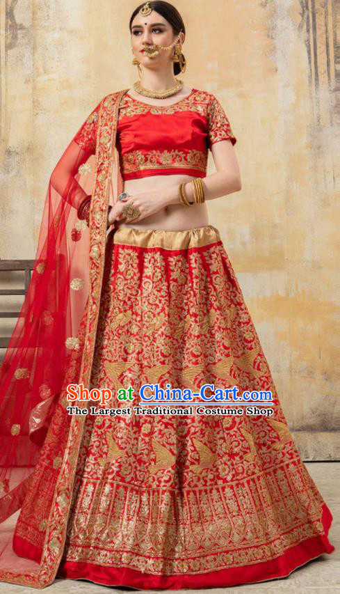 Asian Indian Bollywood Wedding Embroidered Red Silk Dress India Traditional Bride Costumes for Women