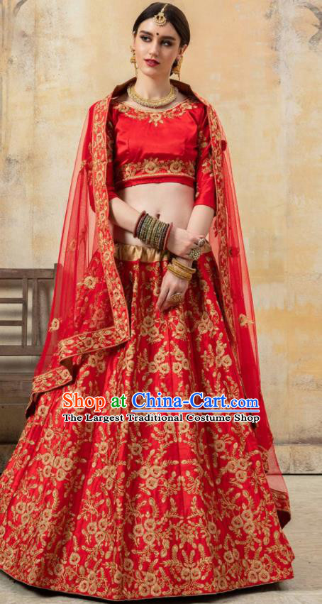 Asian Indian Bollywood Wedding Red Silk Dress India Traditional Bride Lehenga Costumes for Women