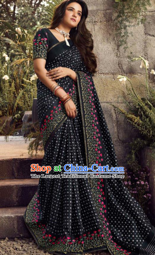 Asian India Traditional Sari Costumes Indian Bollywood Embroidered Black Silk Dress for Women