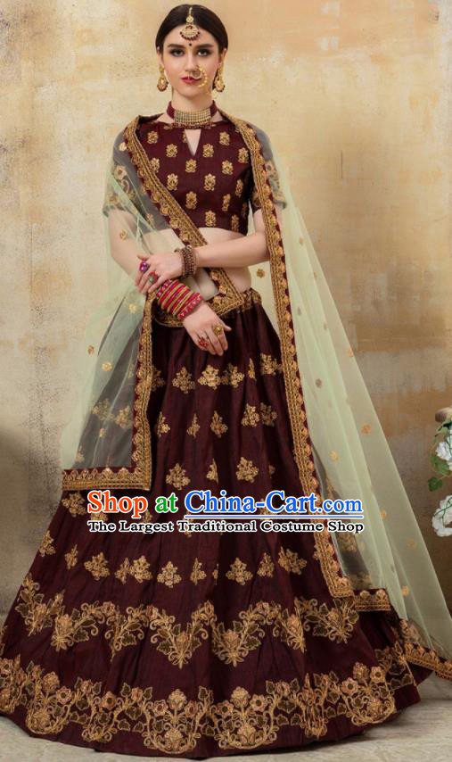 Asian Indian Bollywood Wedding Purplish Red Silk Dress India Traditional Bride Lehenga Costumes for Women
