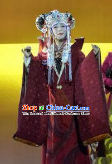 Chinese Zhaojun Chu Sai Ancient Court Queen Dark Red Dress Stage Performance Dance Costume and Headpiece for Women