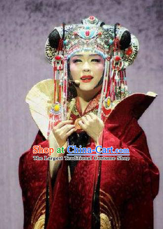 Chinese Zhaojun Chu Sai Ancient Court Queen Dark Red Dress Stage Performance Dance Costume and Headpiece for Women