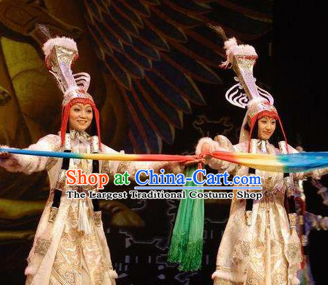 Chinese Zhaojun Chu Sai Ancient Mongol Nationality Princess White Dress Stage Performance Dance Costume and Headpiece for Women