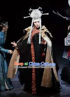 Chinese Zhaojun Chu Sai Ancient Mongol Nationality Queen Black Dress Stage Performance Dance Costume and Headpiece for Women