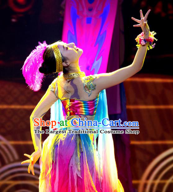 Chinese Phenix Dance In The Sky Classical Dance Colorful Dress Stage Performance Costume and Headpiece for Women