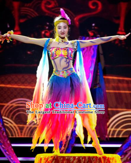 Chinese Phenix Dance In The Sky Classical Dance Colorful Dress Stage Performance Costume and Headpiece for Women