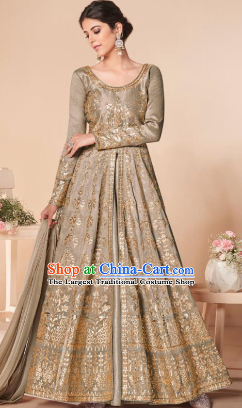 Asian Indian Lehenga Embroidered Grey Silk Blened Dress India Traditional Bollywood Court Costumes for Women