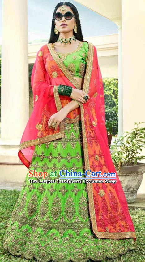 Asian Indian Bollywood Embroidered Green Cotton Silk Dress India Traditional Festival Lehenga Court Costumes for Women