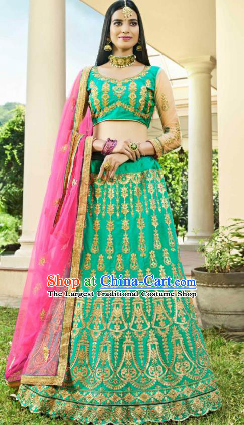 Asian Indian Bollywood Embroidered Light Green Cotton Silk Dress India Traditional Festival Lehenga Court Costumes for Women