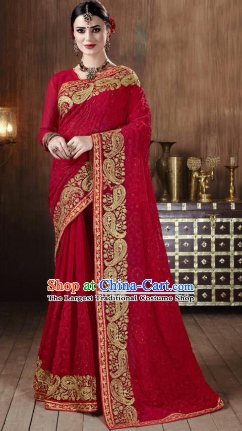Asian Indian National Bollywood Red Georgette Embroidered Sari Dress India Traditional Costumes for Women
