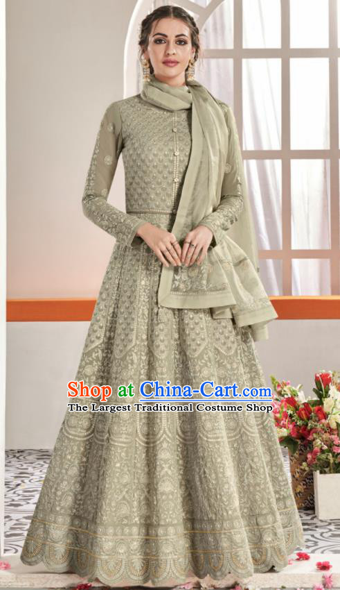 Asian Indian National Lehenga Bollywood Grey Georgette Embroidered Dress India Traditional Costumes for Women