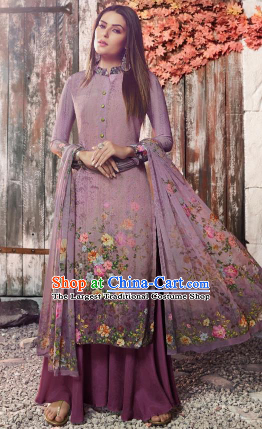 Asian Indian Traditional Printing Purple Crepe Blouse and Pants India Punjabis Lehenga Choli Costumes Complete Set for Women