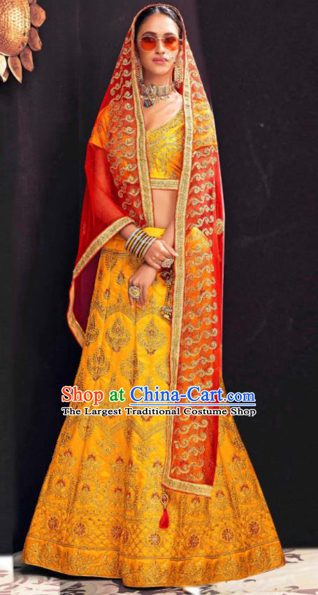 Asian Indian National Wedding Lehenga Golden Embroidered Dress India Bollywood Traditional Costumes for Women