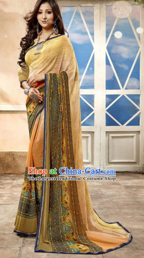 Asian Indian National Lehenga Printing Light Yellow Georgette Sari Dress India Bollywood Traditional Costumes for Women