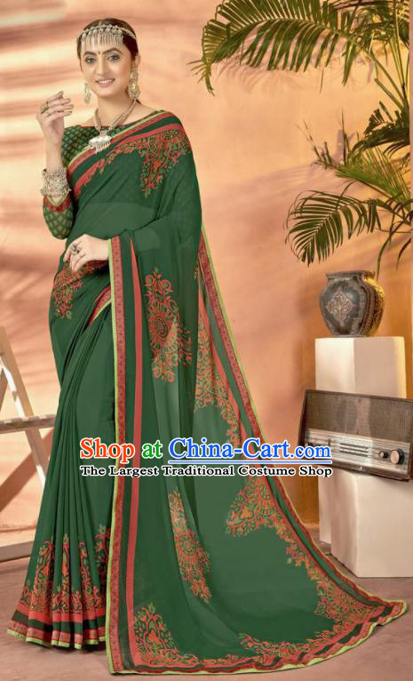 Green Georgette Asian Indian National Lehenga Printing Sari Dress India Bollywood Traditional Costumes for Women