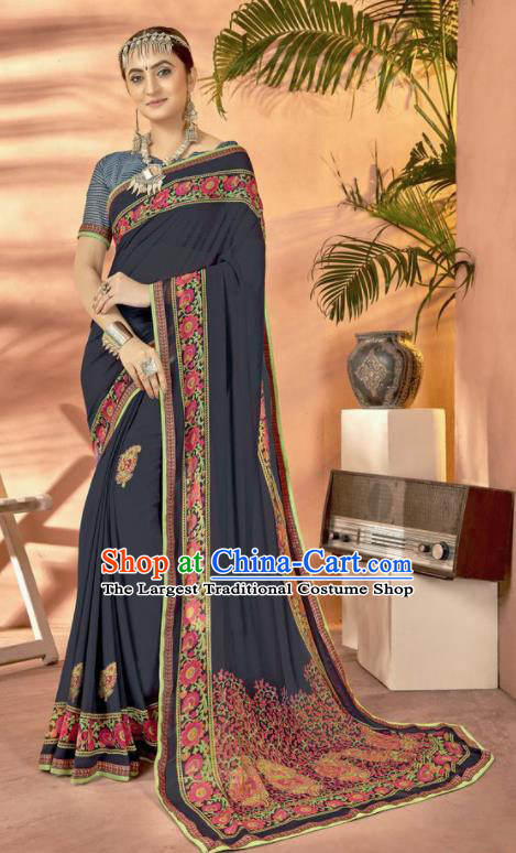 Navy Georgette Asian Indian National Lehenga Printing Sari Dress India Bollywood Traditional Costumes for Women