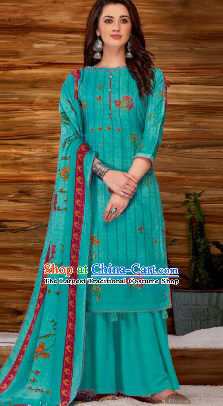 Asian Indian Bollywood Traditional Lake Blue Pashmina Blouse and Pants India Punjabis Lehenga Choli Costumes Complete Set for Women