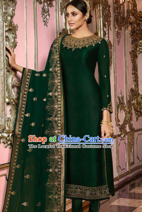 Asian Indian Punjabis Embroidered Deep Green Satin Blouse and Pants India Traditional Lehenga Choli Costumes Complete Set for Women